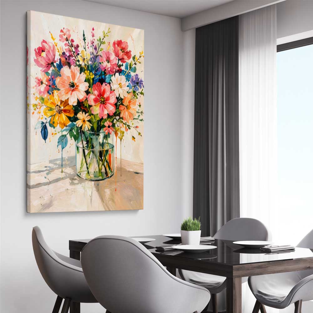 Floral print of Colourful Blooms on a stretched canvas displayed from an angle in a room