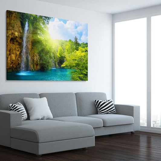 Floral print of Emerald Forest River on a stretched canvas displayed from an angle in a room
