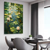 Floral print of Emerald Reverie on a stretched canvas displayed from an angle in a room