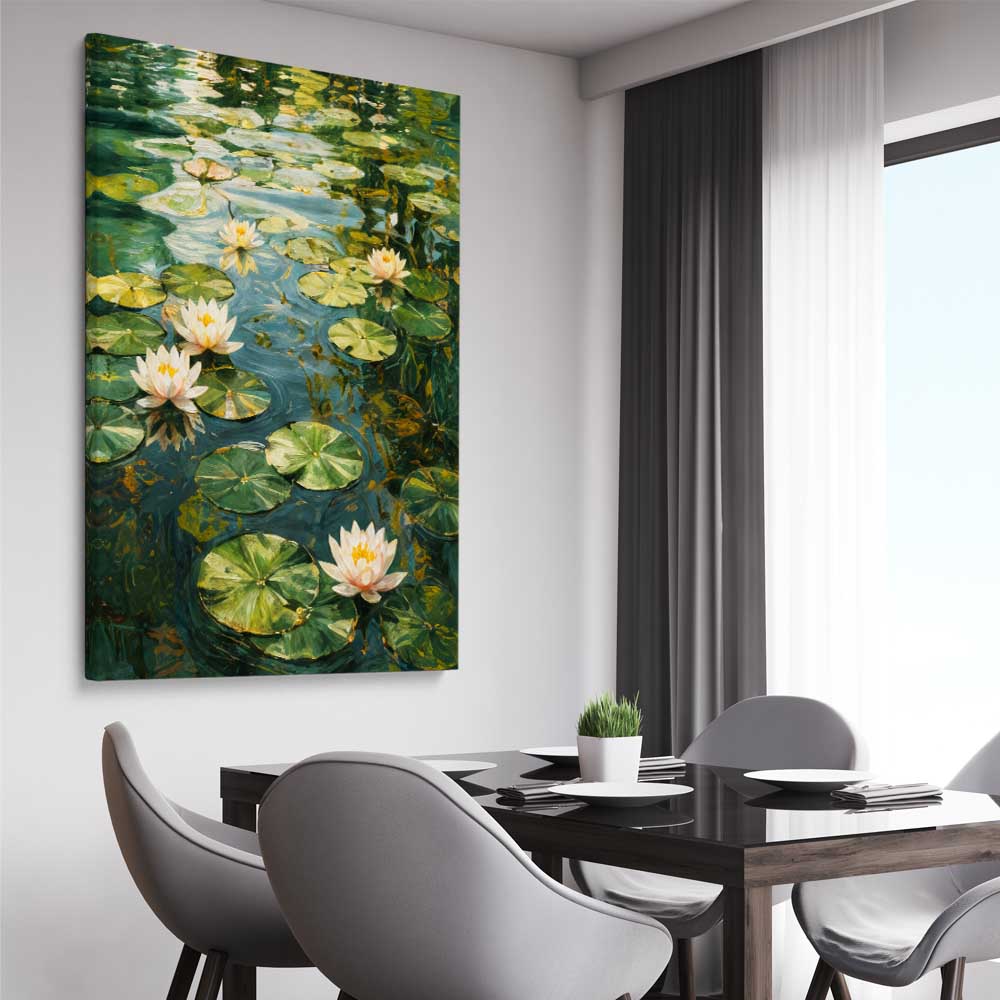 Floral print of Emerald Reverie on a stretched canvas displayed from an angle in a room