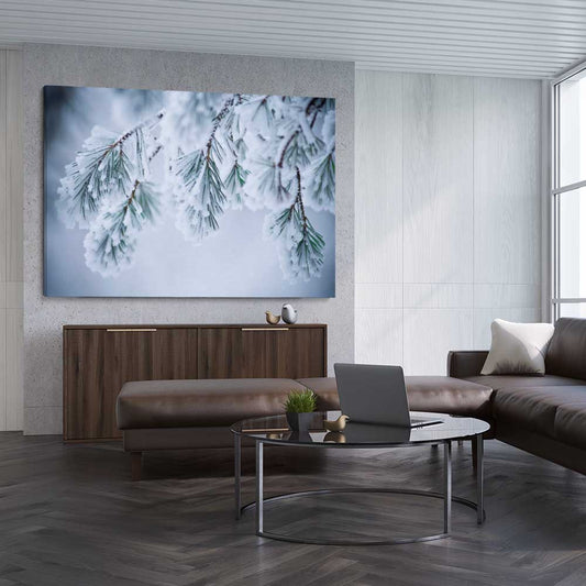Floral print of Frosted Pine Canopy on a stretched canvas displayed from an angle in a room
