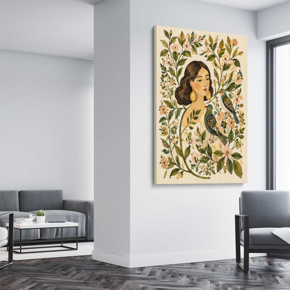 Floral print of Garden Muse on a stretched canvas displayed from an angle in a room