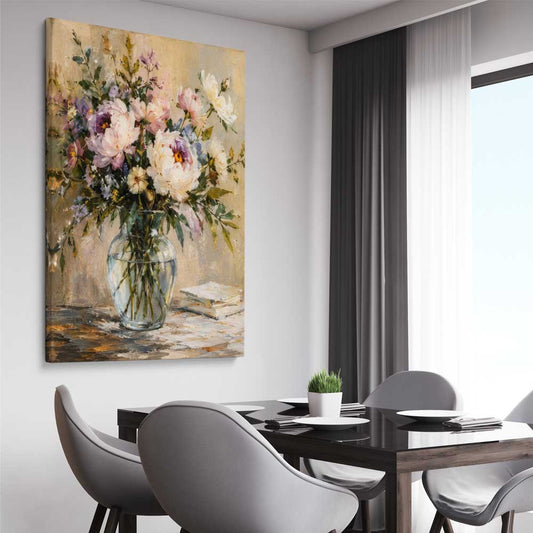 Floral print of Garden Peony on a stretched canvas displayed from an angle in a room