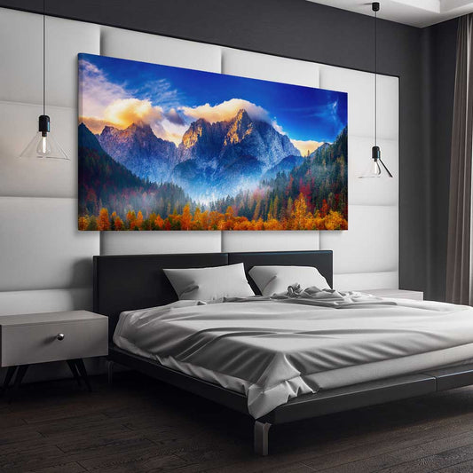 Floral print of Julian Alps Triglav Peak on a stretched canvas displayed from an angle in a room