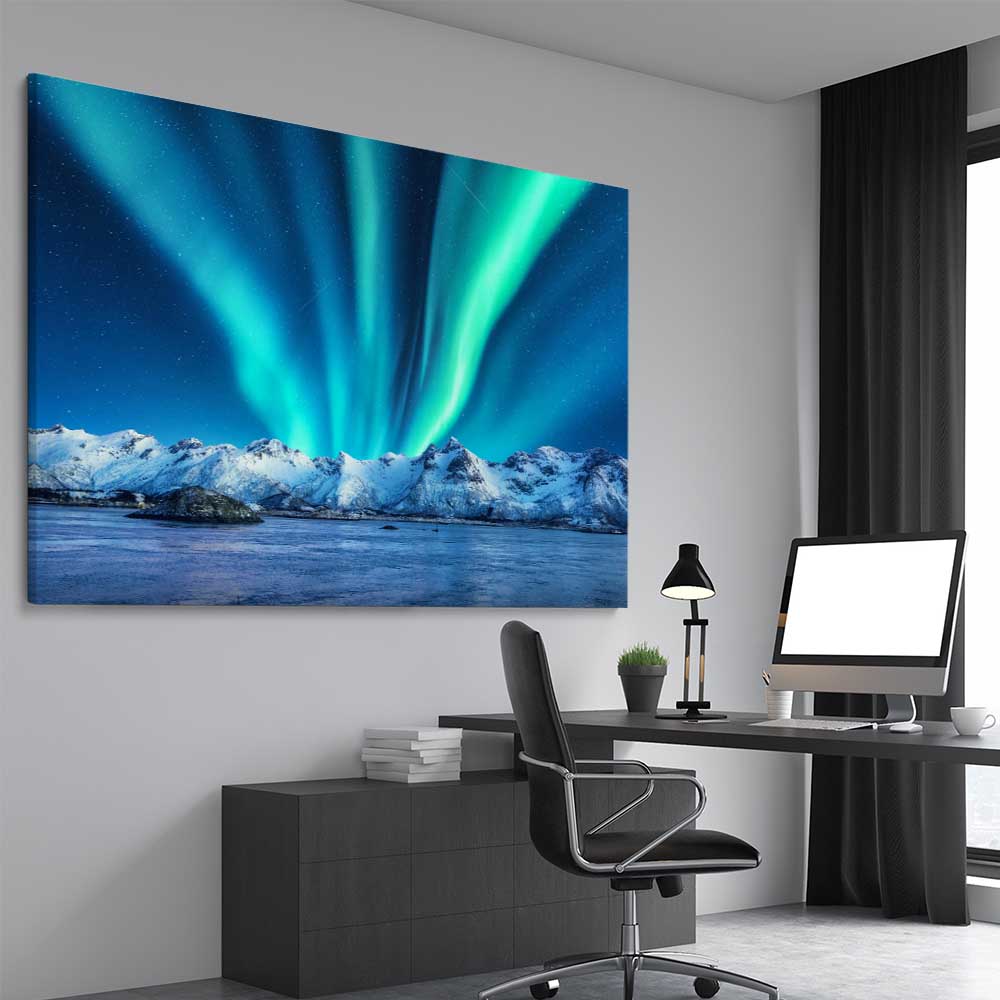Floral print of Lofoten Aurora Norway on a stretched canvas displayed from an angle in a room