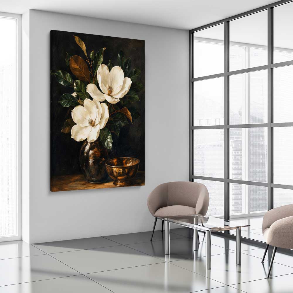 Floral print of Midnight Magnolia on a stretched canvas displayed from an angle in a room