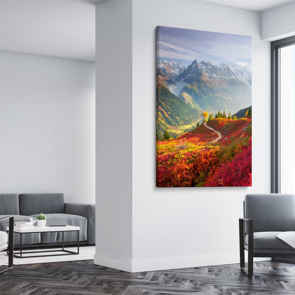 Floral print of Mont Blanc Autumn Valley on a stretched canvas displayed from an angle in a room