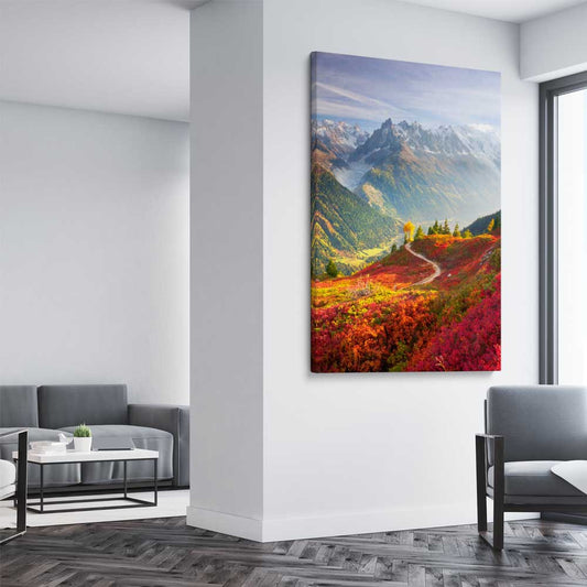 Floral print of Mont Blanc Autumn Valley on a stretched canvas displayed from an angle in a room
