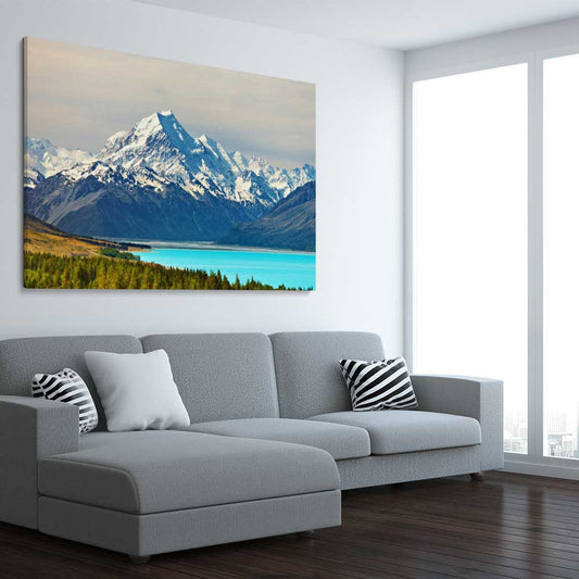 Floral print of Mount Cook Lake Tekapo on a stretched canvas displayed from an angle in a room