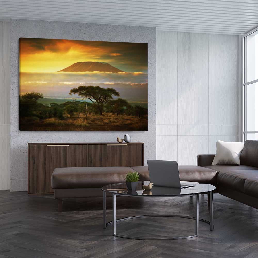 Floral print of Mount Kilimanjaro Sunset on a stretched canvas displayed from an angle in a room