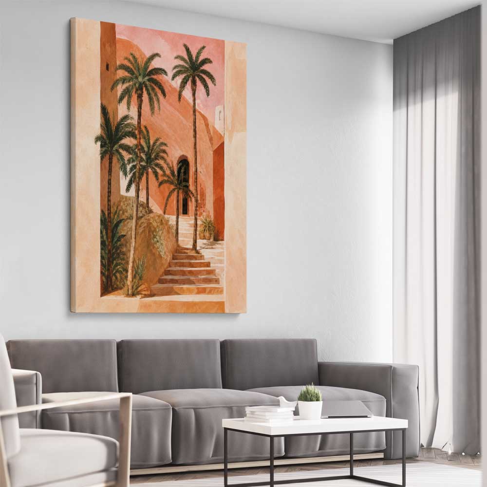 Floral print of Palm House on a stretched canvas displayed from an angle in a room