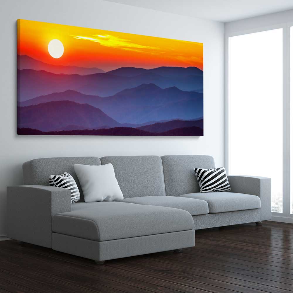 Floral print of Smoky Mountains Sunset on a stretched canvas displayed from an angle in a room
