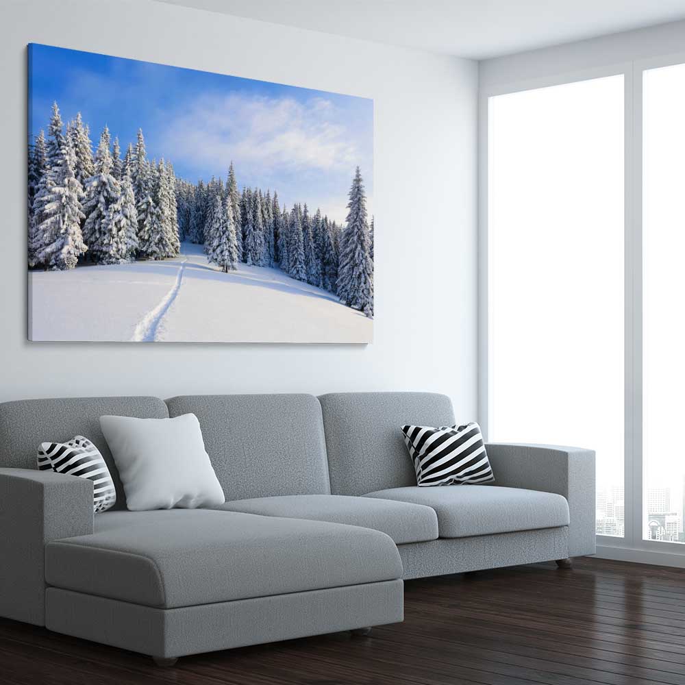 Floral print of Snowy Forest Path on a stretched canvas displayed from an angle in a room