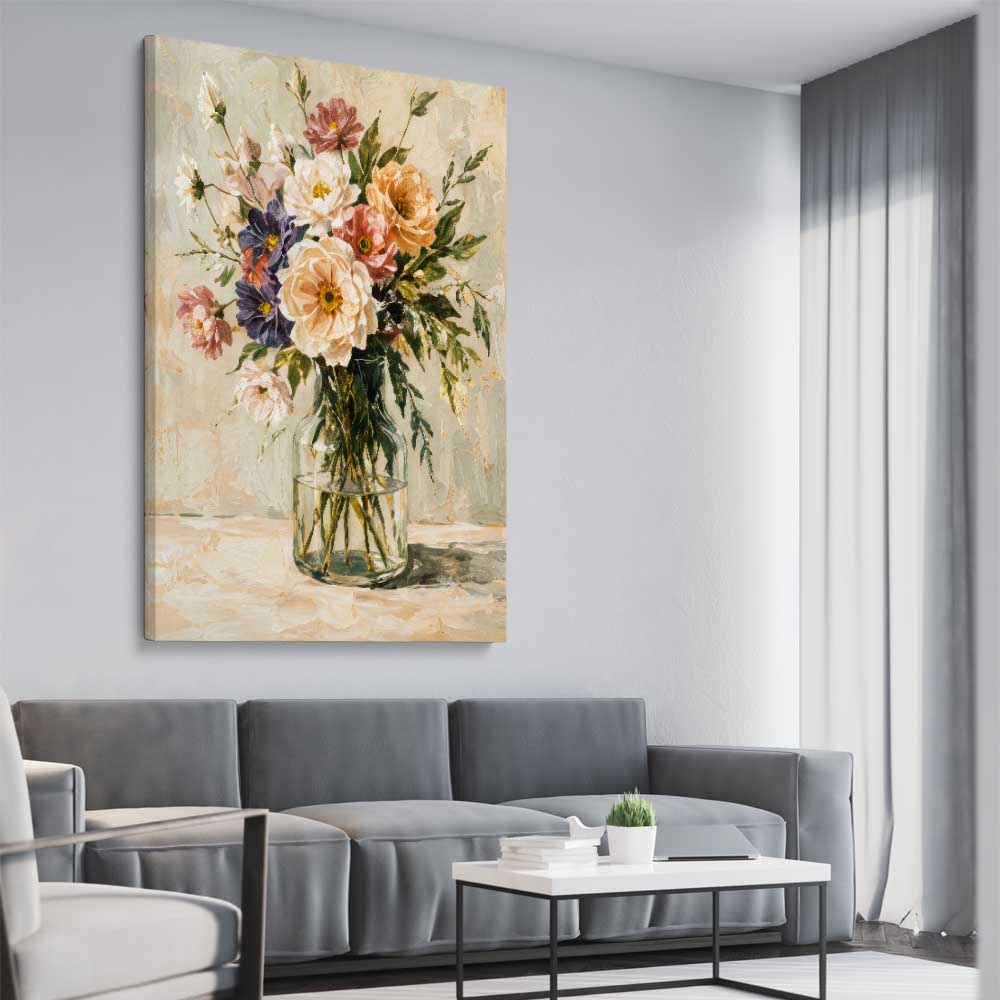 Floral print of Wild Bloom on a stretched canvas displayed from an angle in a room