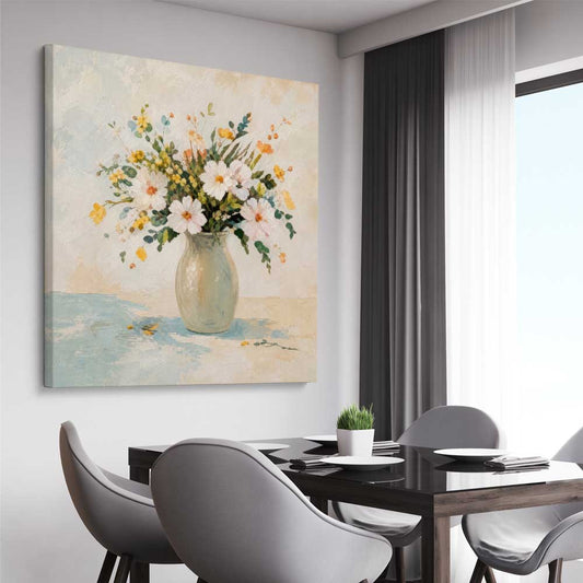 Floral print of Wildflower Market on a stretched canvas displayed from an angle in a room