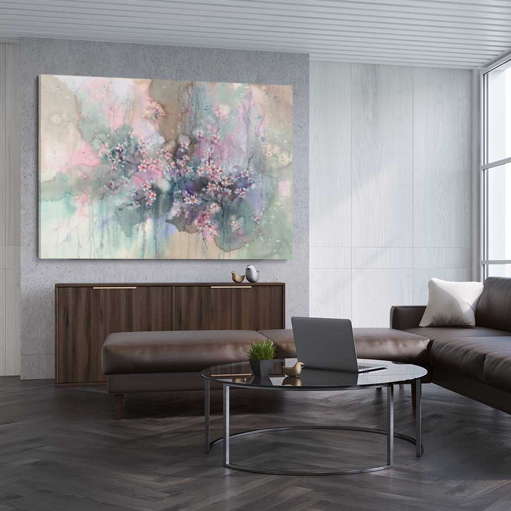 Floral print of Beautiful Sakura Flowers on a stretched canvas displayed from an angle in a room