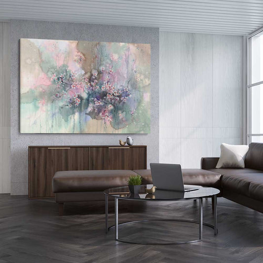 Floral print of Beautiful Sakura Flowers on a stretched canvas displayed from an angle in a room