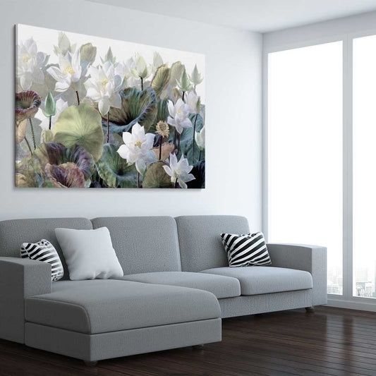Floral print of Blooming Lotus Flowers on a stretched canvas displayed from an angle in a room