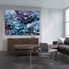 Floral print of Blue Hydrangea on a stretched canvas displayed from an angle in a room