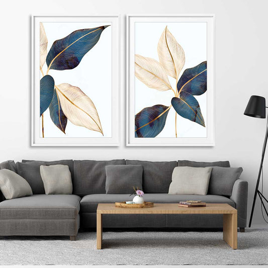 Floral print of Botanic Blue Pair on a stretched canvas displayed from an angle in a room