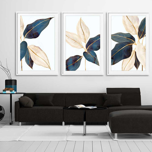 Floral print of Botanic Blue Set on a stretched canvas displayed from an angle in a room