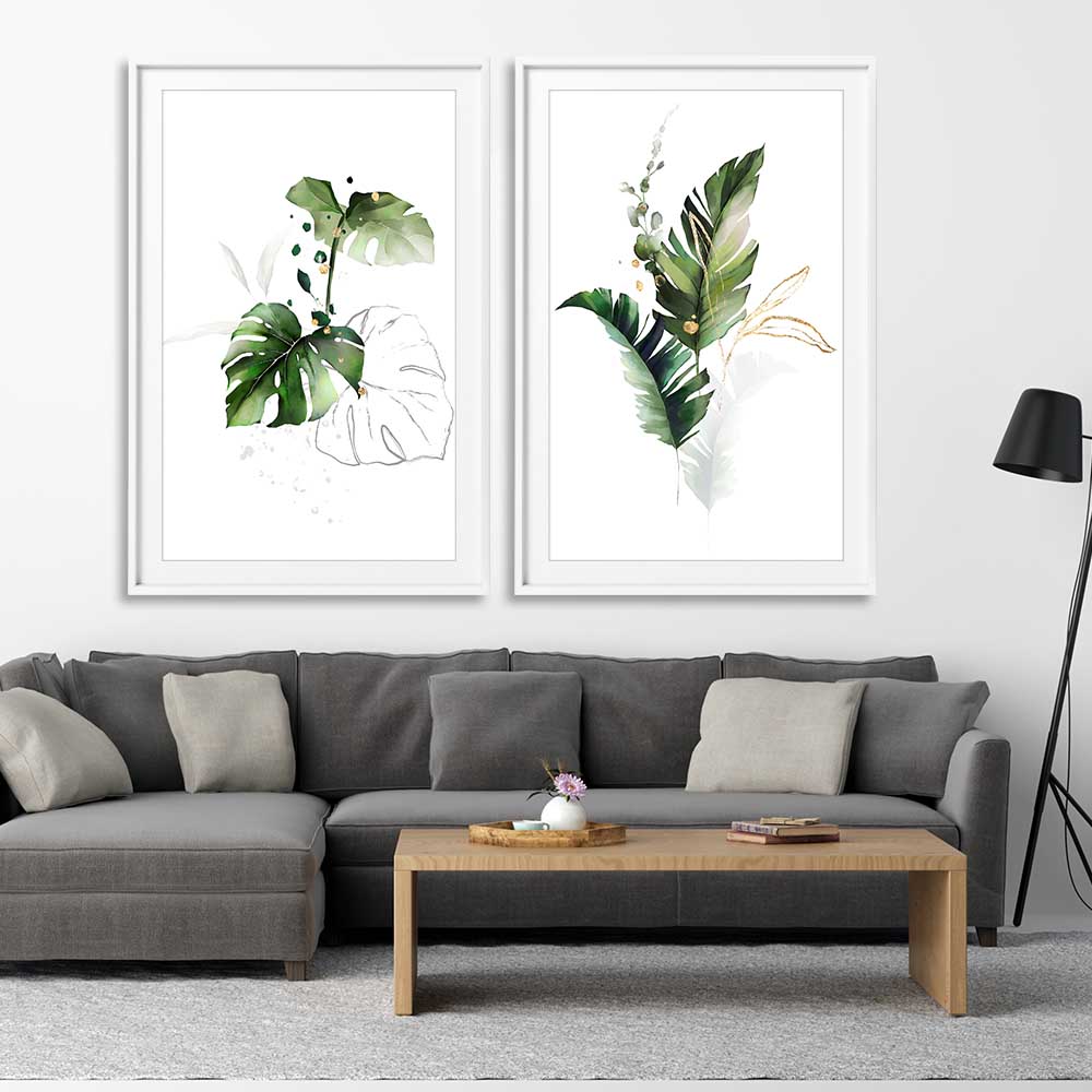 Floral print of Botanic Gold Pair on a stretched canvas displayed from an angle in a room