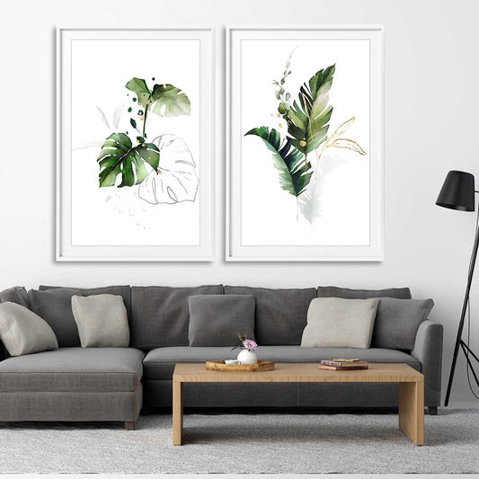 Floral print of Botanic Gold Pair on a stretched canvas displayed from an angle in a room