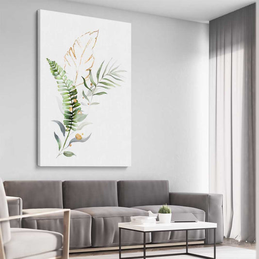 Floral print of Botanic Gold Two on a stretched canvas displayed from an angle in a room