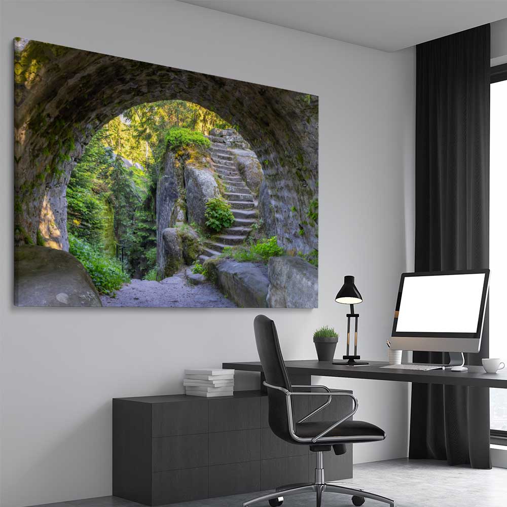 Floral print of Broumovske Steny Arch on a stretched canvas displayed from an angle in a room