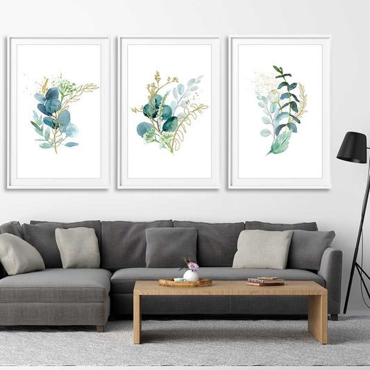 Floral print of Eucalyptus Bunch Set on a stretched canvas displayed from an angle in a room