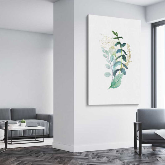 Floral print of Eucalyptus Bunch Three on a stretched canvas displayed from an angle in a room