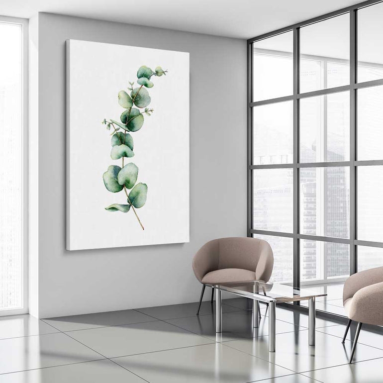 Floral print of Eucalyptus One on a stretched canvas displayed from an angle in a room