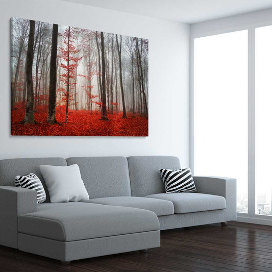 Floral print of Foggy Autumn Forest on a stretched canvas displayed from an angle in a room