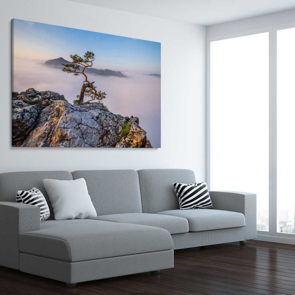 Floral print of Sokolica Peak Poland on a stretched canvas displayed from an angle in a room