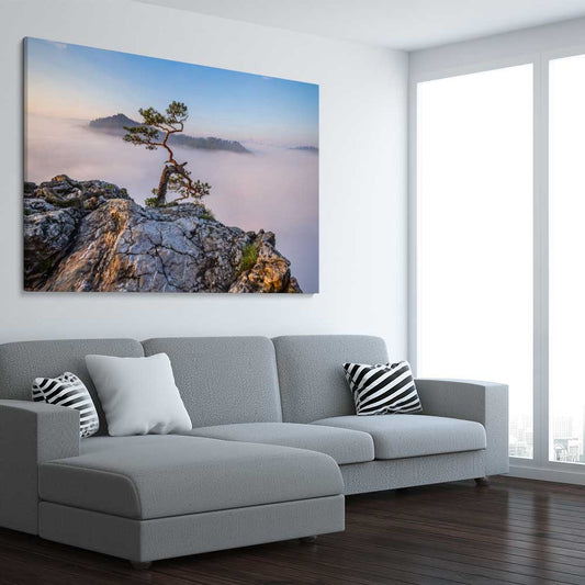 Floral print of Sokolica Peak Poland on a stretched canvas displayed from an angle in a room