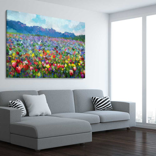 Floral print of Spring Blossom on a stretched canvas displayed from an angle in a room