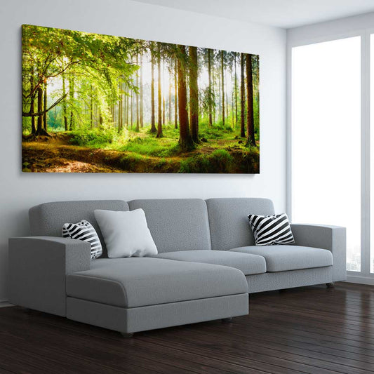 Floral print of Spring Forest on a stretched canvas displayed from an angle in a room