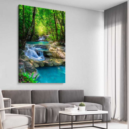 Floral print of Tropical Thailand Waterfall on a stretched canvas displayed from an angle in a room