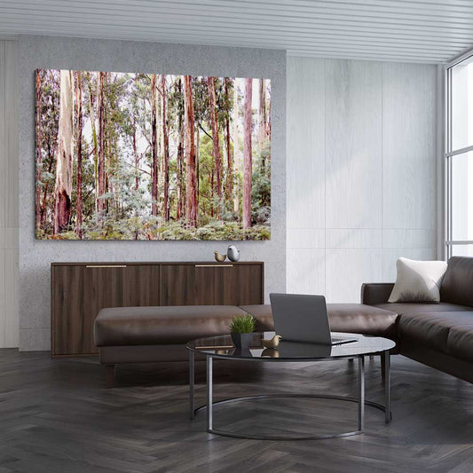 Floral print of Victorian Forest on a stretched canvas displayed from an angle in a room