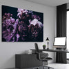 Floral print of Violet Peonies on a stretched canvas displayed from an angle in a room