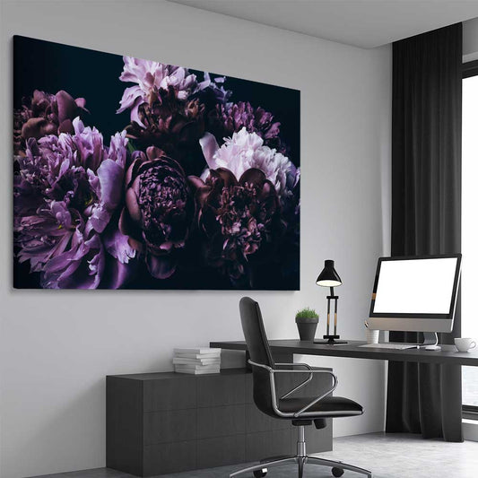 Floral print of Violet Peonies on a stretched canvas displayed from an angle in a room