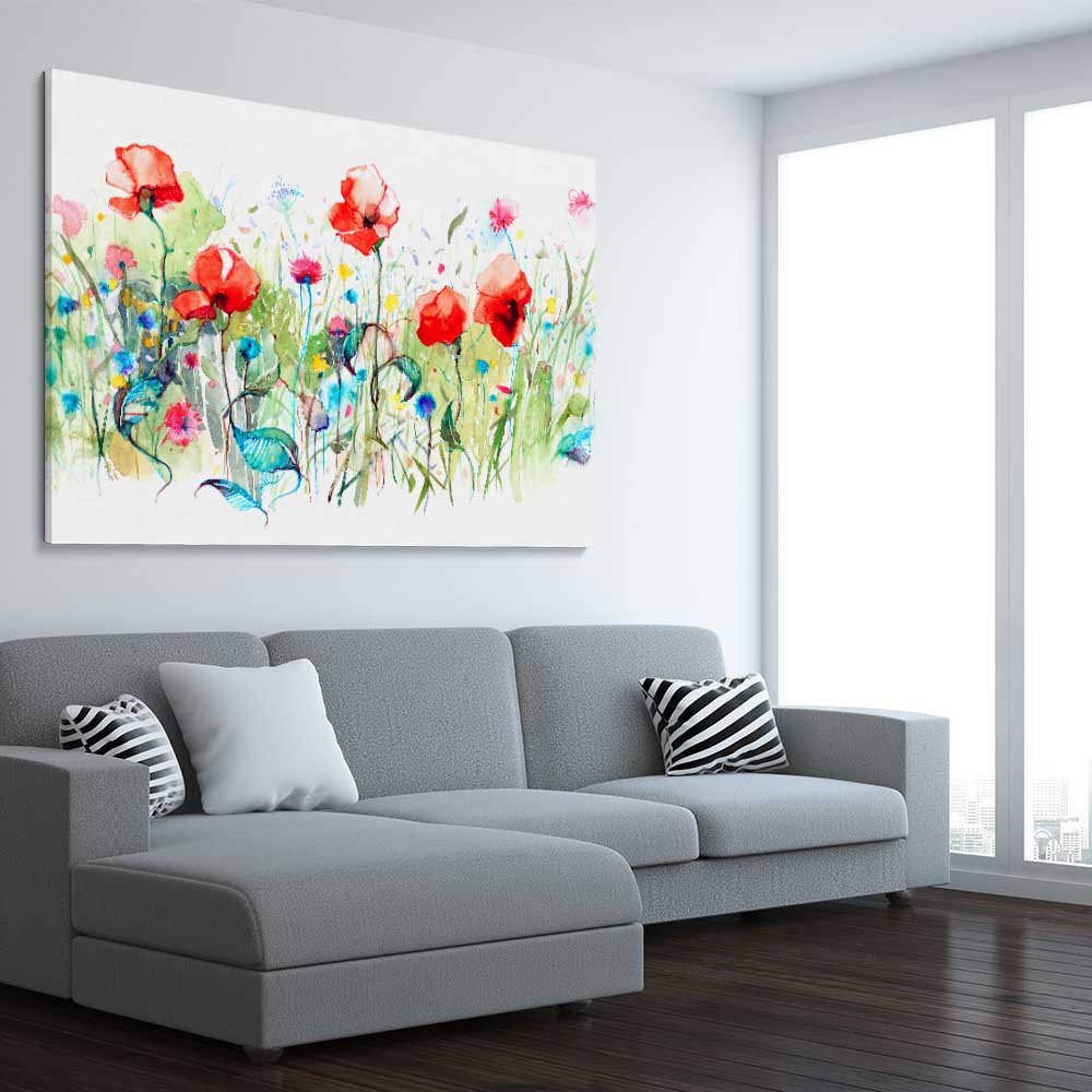 Floral print of Watercolour Red Poppies on a stretched canvas displayed from an angle in a room