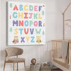 Alphabet Colours stretched canvas displayed from an angle in a room is a nursery canvas wall art and print suited for childrens nursery area