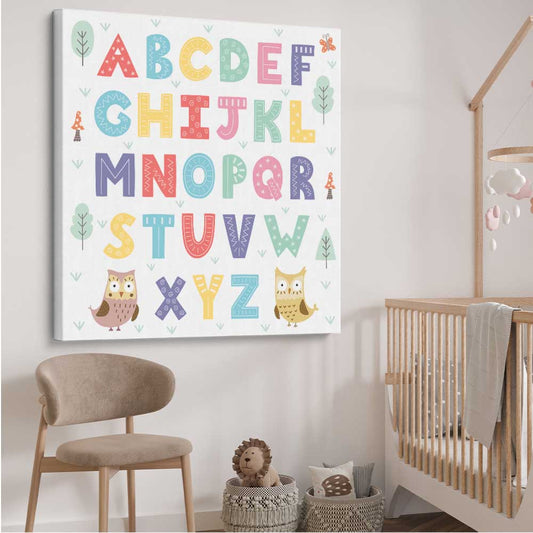Alphabet Colours stretched canvas displayed from an angle in a room is a nursery canvas wall art and print suited for childrens nursery area