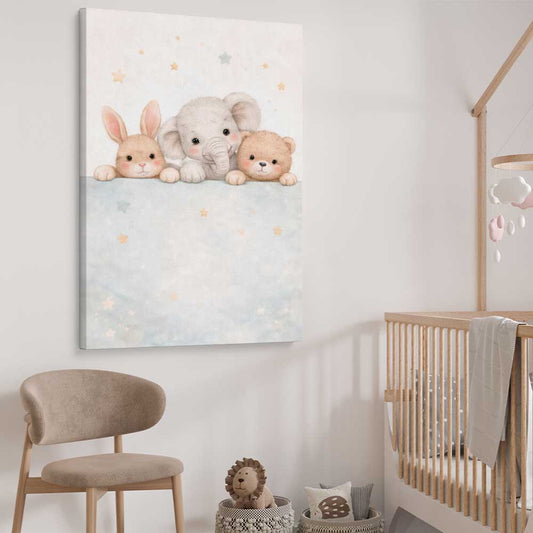 Baby Animal Trio stretched canvas displayed from an angle in a room is a nursery canvas wall art and print suited for childrens nursery area