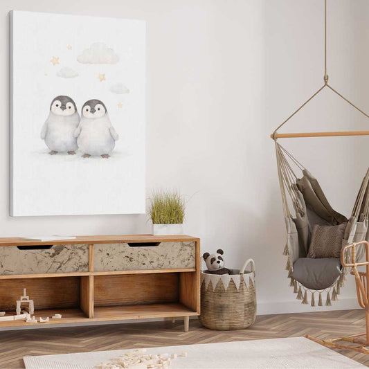 Cute Penguins stretched canvas displayed from an angle in a room is a nursery canvas wall art and print suited for childrens nursery area