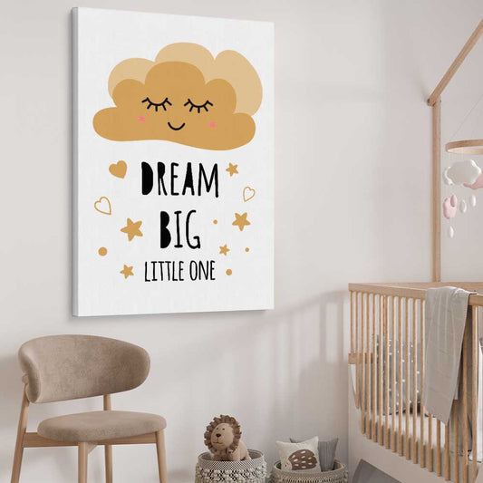 Dream Big stretched canvas displayed from an angle in a room is a nursery canvas wall art and print suited for childrens nursery area