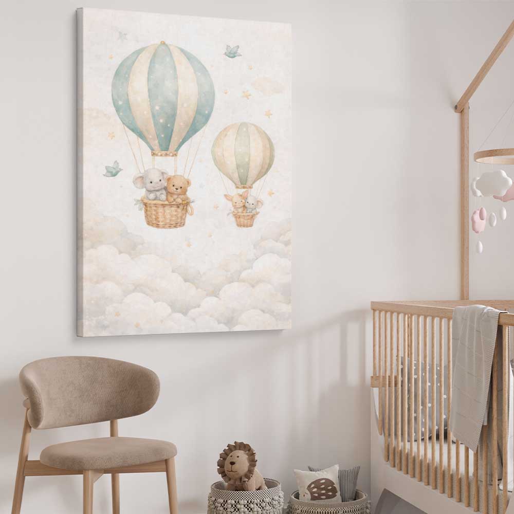 Floating Dreams stretched canvas displayed from an angle in a room is a nursery canvas wall art and print suited for childrens nursery area
