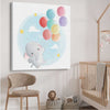Flying Baby Elephant stretched canvas displayed from an angle in a room is a nursery canvas wall art and print suited for childrens nursery area