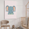 Friendly Elephant stretched canvas displayed from an angle in a room is a nursery canvas wall art and print suited for childrens nursery area